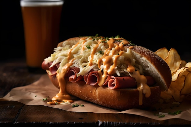 A sandwich with meat and cheese on it and a glass of beer behind it.