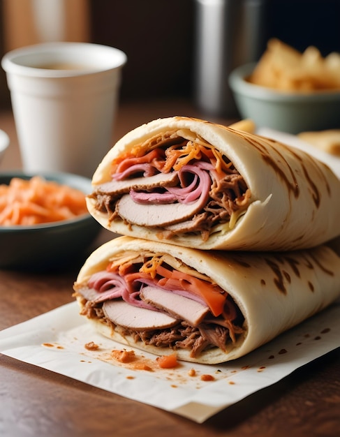 a sandwich with meat and cheese on it sits on a table