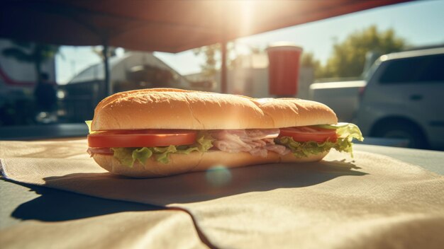 A sandwich with meat and cheese sits on a paper.