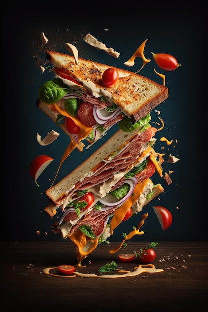 A sandwich with meat, cheese, and tomato on it