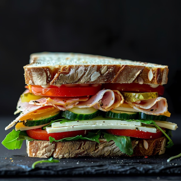 a sandwich with meat cheese and vegetables on a black background