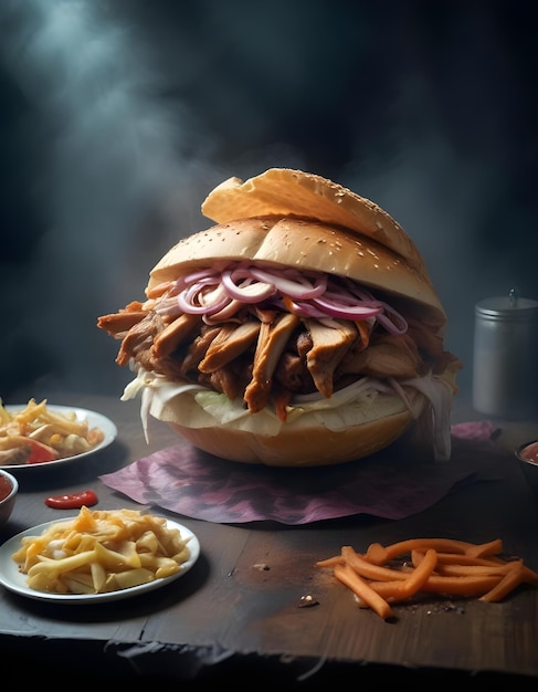 a sandwich with meat and fries on a table