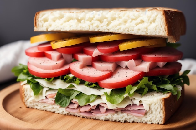 A sandwich with meat, lettuce, tomato, and cheese.