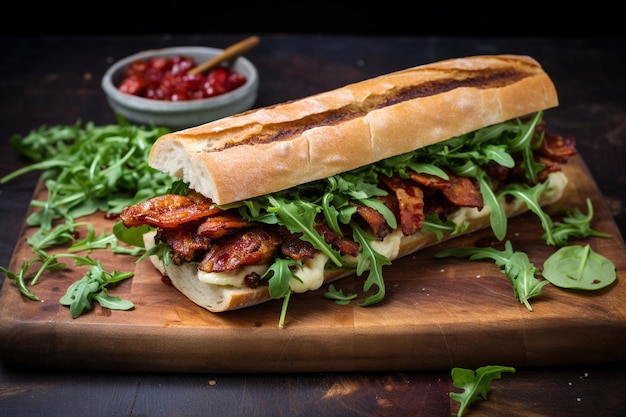 a sandwich with meat lettuce and tomato on a cutting board