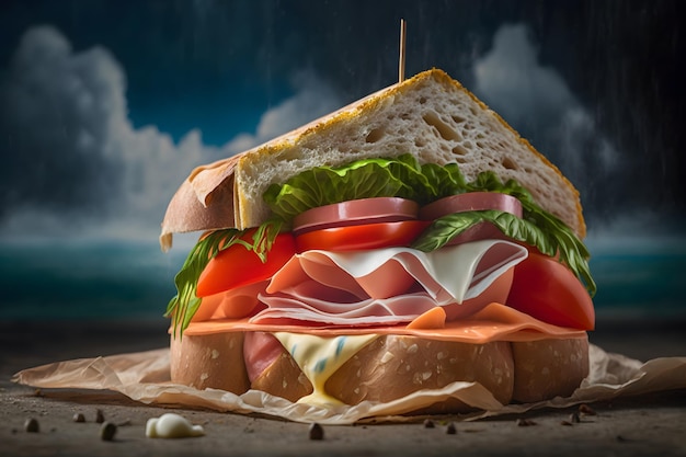 A sandwich with meat, lettuce, tomato, and lettuce on it