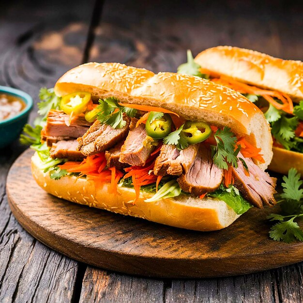 Photo a sandwich with meat lettuce and tomato on a wooden board