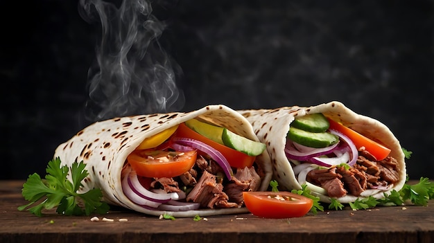 a sandwich with meat tomatoes and avocado on a cutting board