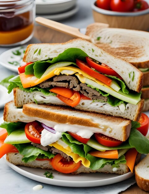 a sandwich with meat vegetables and cheese on a plate