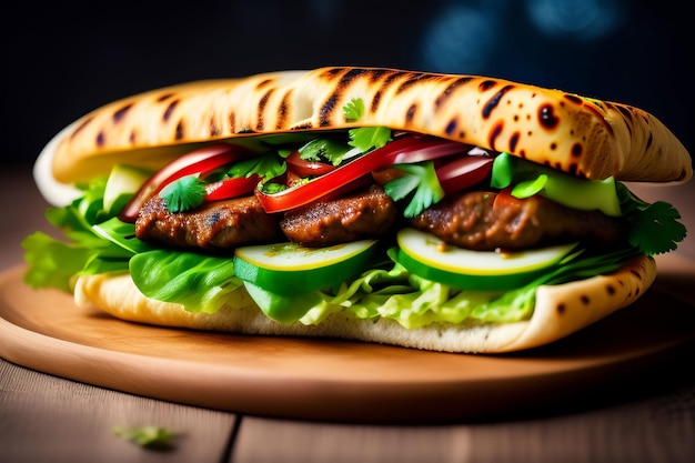 A sandwich with meat and vegetables on a wooden surface