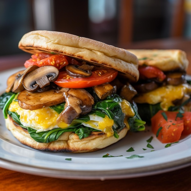 Photo a sandwich with mushrooms and tomatoes on a plate