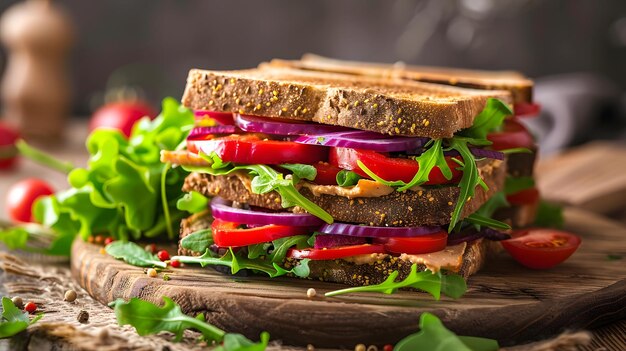 a sandwich with onions lettuce and tomato on a wooden board