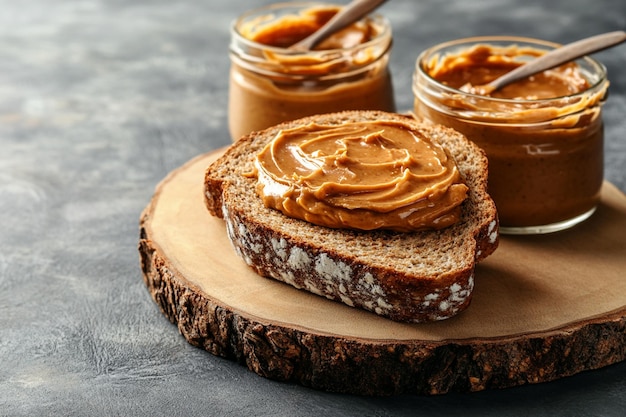 Photo sandwich with peanut butter on the wooden board