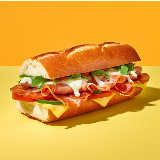 Sandwich with prosciutto cheese and tomatoes on yellow background