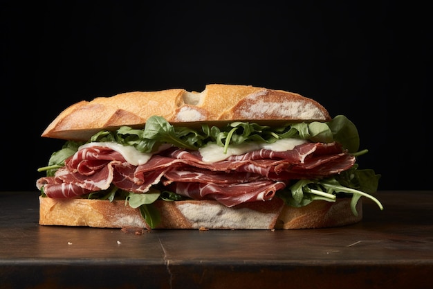 A sandwich with prosciutto fig jam and arugula