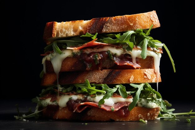 A sandwich with prosciutto fig jam and arugula