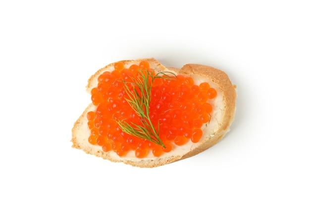 Sandwich with red caviar and dill isolated on white background