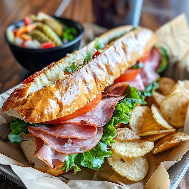 Photo a sandwich with a salad and chips on a paper