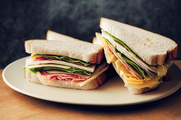 Sandwich with salad lettuce ham cheese Closeup