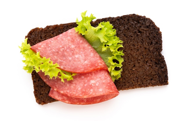 Sandwich with salami sausage on white background.