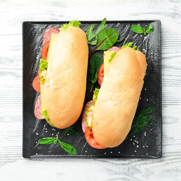 Sandwich with salami tomatoes and cheese Street food Top view Free copy space