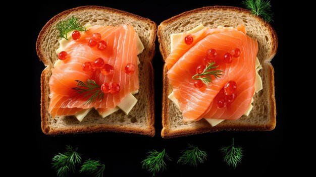 A sandwich with salmon and caviar on it