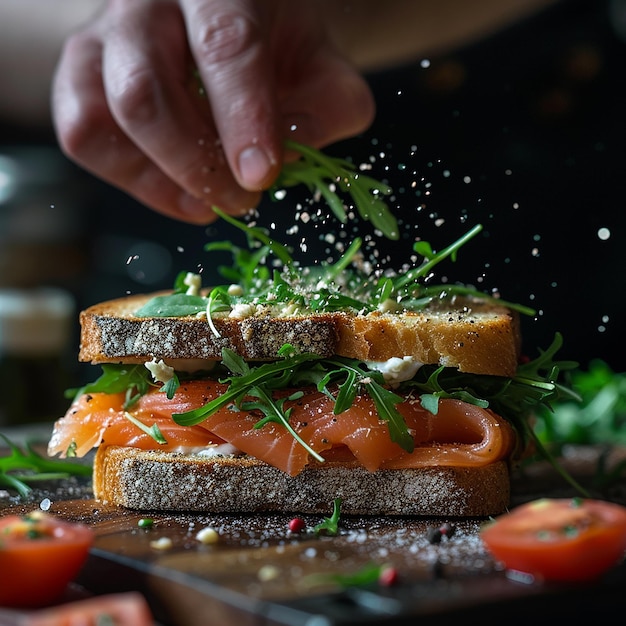 a sandwich with salmon and greens on a cutting board