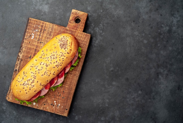 sandwich with sausage, cheese and salad on a stone background. with copy space for your text