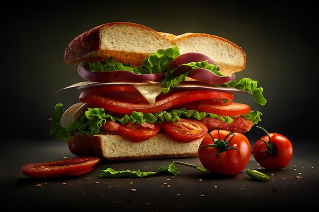 Sandwich with sausage cheese and tomato on a dark background