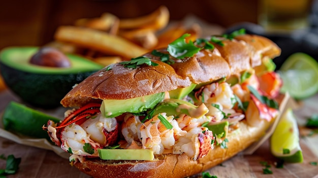 Photo a sandwich with shrimp shrimp and salad on a wooden table