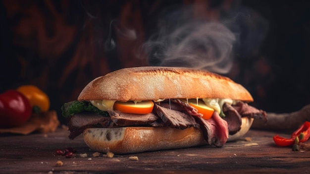 A sandwich with a smokey roast beef sandwich on a wooden table