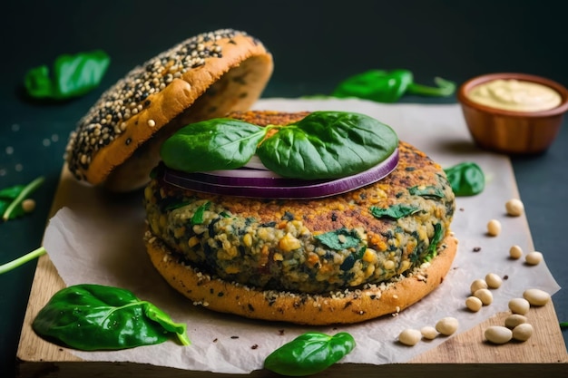 Sandwich with spinach and red onion on cutting board Generative AI