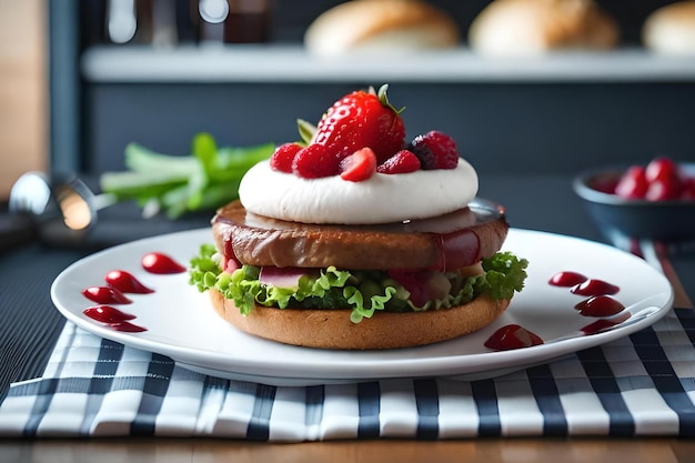 A sandwich with strawberry on top and a strawberry on top