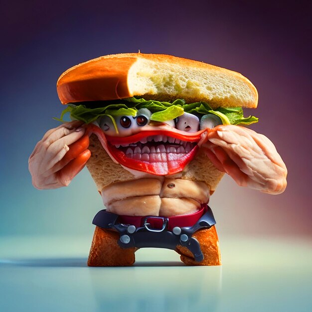 A sandwich with strong arms and angry face post design image free download