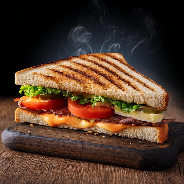 a sandwich with toasted bread and a smoke behind it