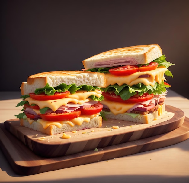 A sandwich with tomato, cheese, and lettuce on it