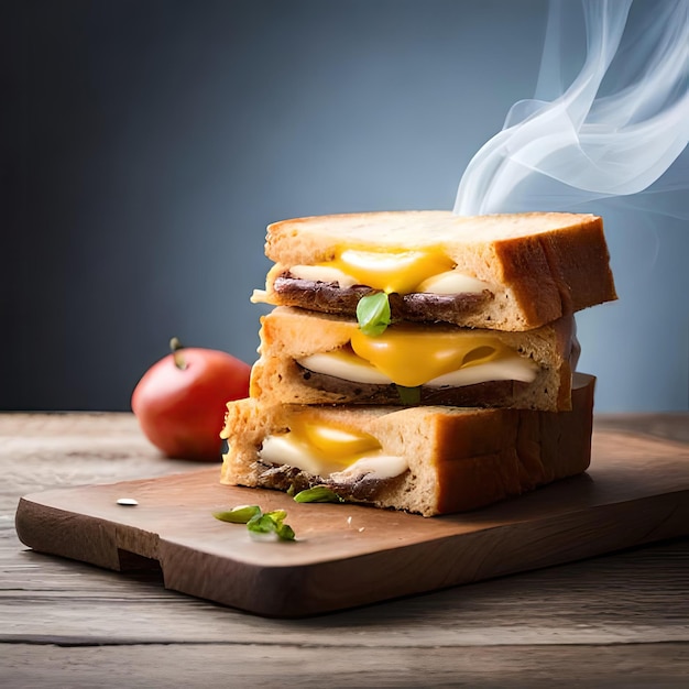 A sandwich with a tomato on it and a smoke coming out of it.