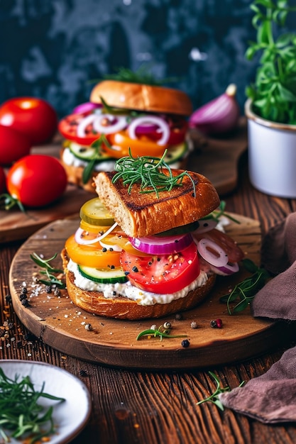 a sandwich with tomatoes onions and tomatoes on a wooden board