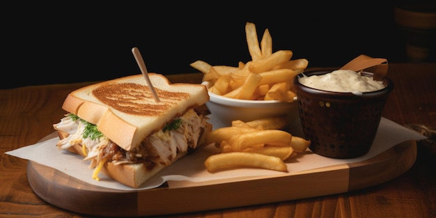 A sandwich with a toothpick on it sits on a tray with fries and a side of fries.