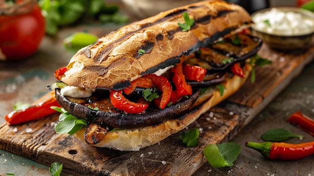 Photo a sandwich with a variety of vegetables including red peppers and onions