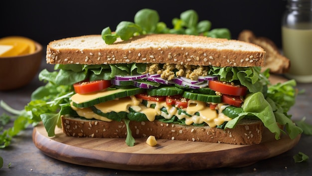 Photo a sandwich with vegetables and cheese on a wooden board