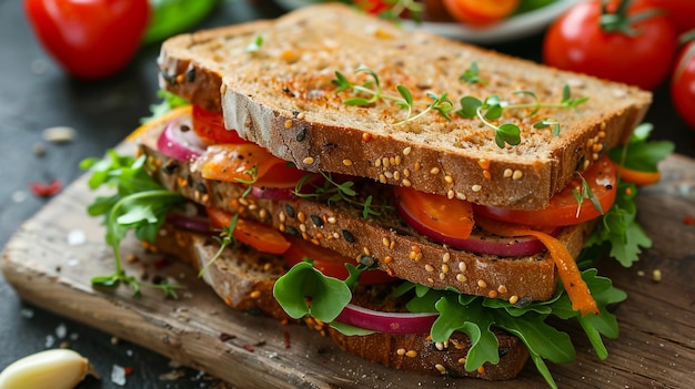 a sandwich with vegetables and meat on a wooden board