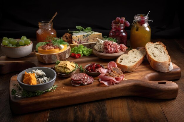 Sandwiches on board with selection of toppings including cured meats and cheeses