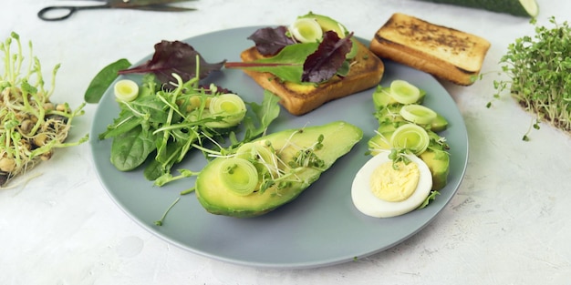 Sandwiches with avocado, boiled eggs, leek and arugula, sprinkled with fresh micro green sprouts