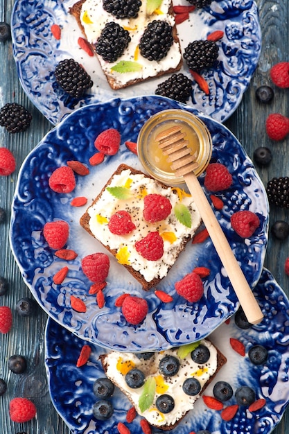 Sandwiches with berries and fruits cheese and honey Bruschetta