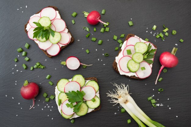 Sandwiches with radish, cucumber, onion on a rye bread. 