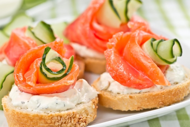 Sandwiches with salmon cucumber and cream cheese