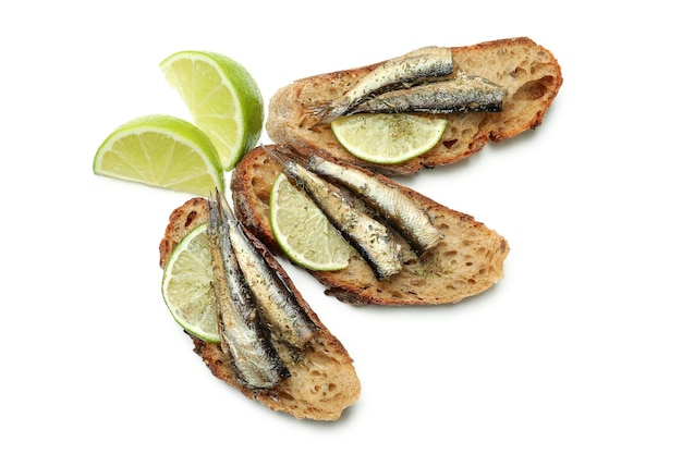 Sandwiches with sprats isolated on white background