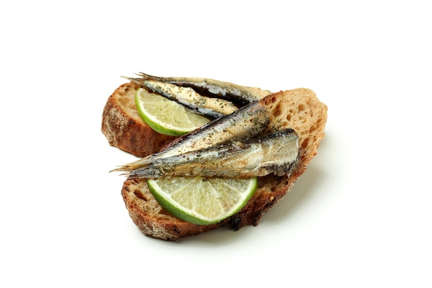 Sandwiches with sprats isolated on white background