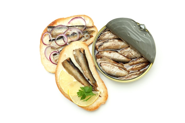 Sandwiches with sprats isolated on white background