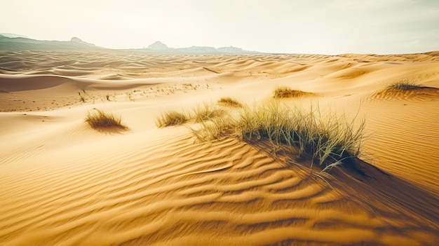 Sandy area with grass growing out of the top of it and mountain in the distance Generative AI